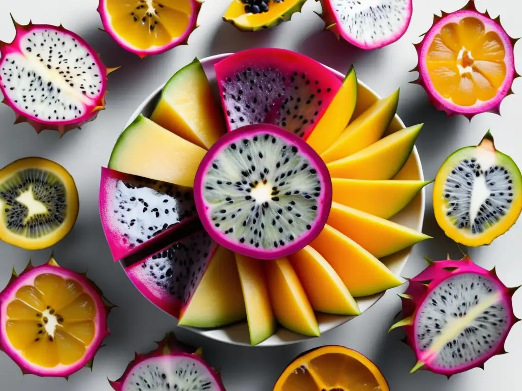 Frutas exóticas en una colorida y artística ensalada tropical