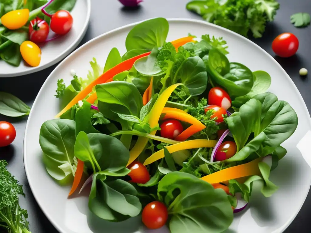 Comida vegana sin gluten: una opción saludable y deliciosa - Ensalada verde vibrante con vegetales frescos y hierbas, presentada en un plato blanco