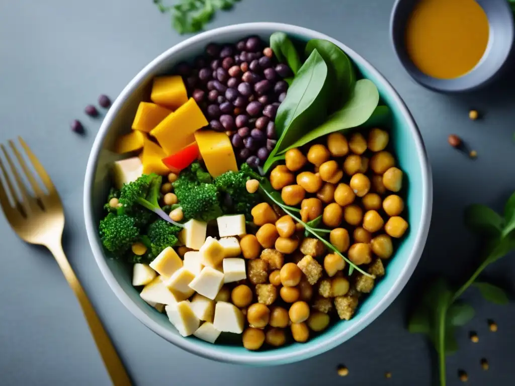 Ingredientes esenciales para una dieta vegetariana equilibrada: bowl colorido con tofu, garbanzos, lentejas, quinoa y nueces