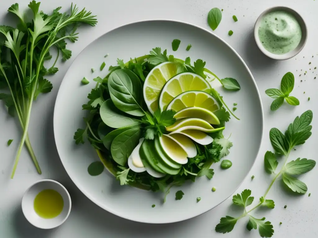 Ensaladas del Oriente Medio: Representación abstracta minimalista de ensaladas con hierbas frescas, vegetales coloridos y sabores ahumados