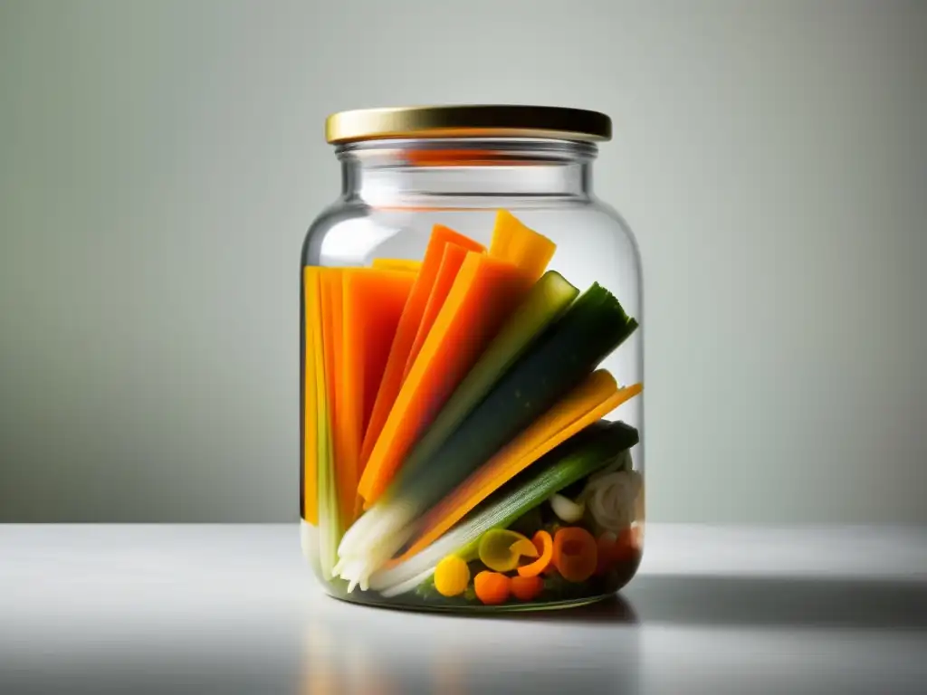 Un tarro de vidrio con ingredientes vibrantes y tangy para escabeche, mostrando vegetales encurtidos y especias suspendidas en líquido transparente