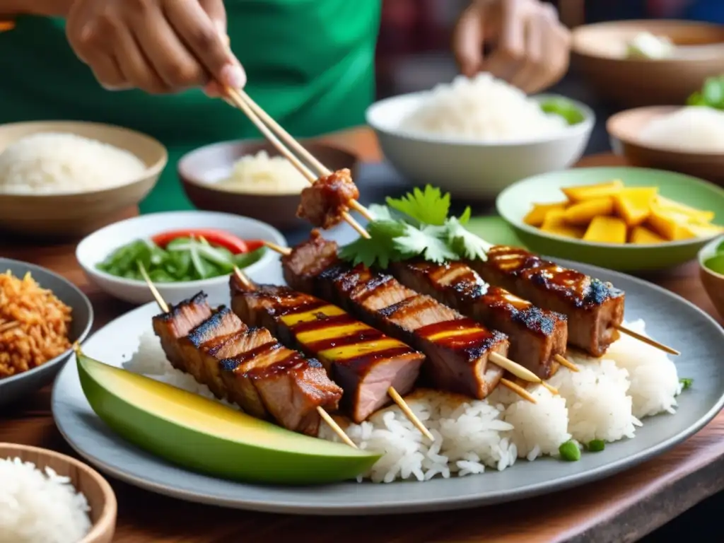 Comida callejera en Filipinas: vibrante escena de un puesto de comida con deliciosa especialidad filipina preparada en una parrilla