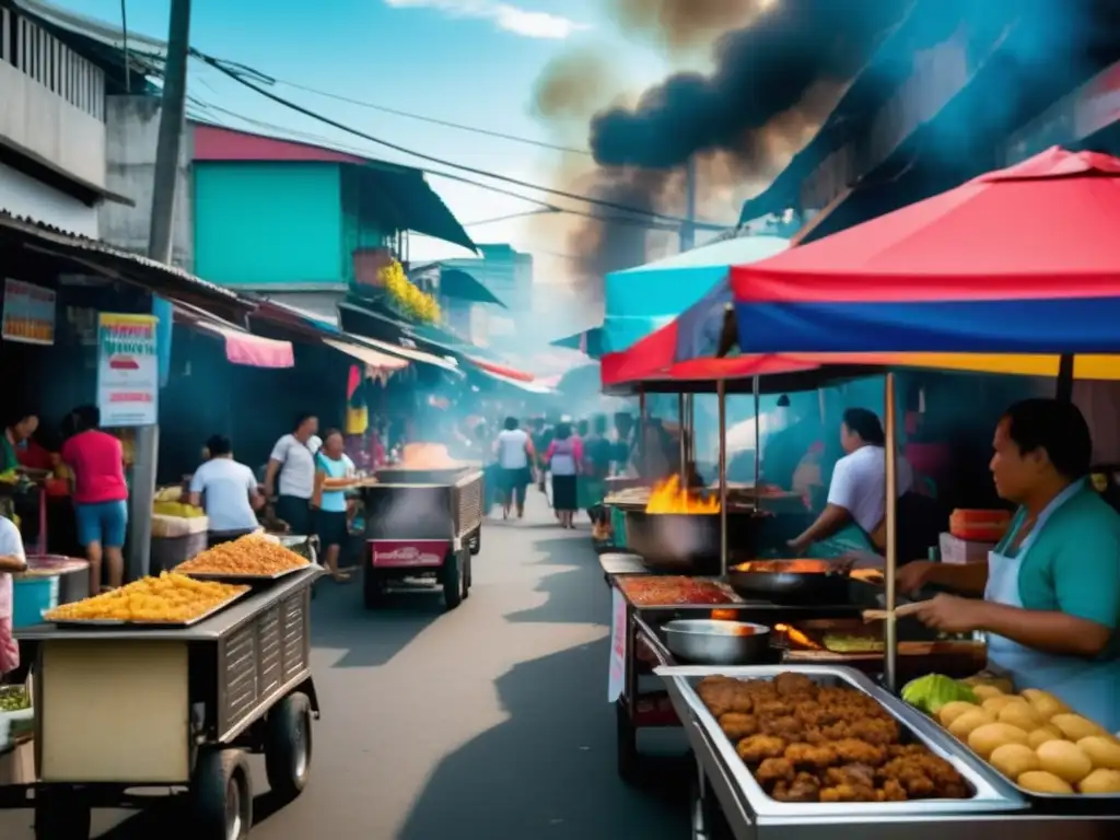 Comida callejera en Filipinas: colorida escena de bulliciosa calle con puestos de comida y multitudes