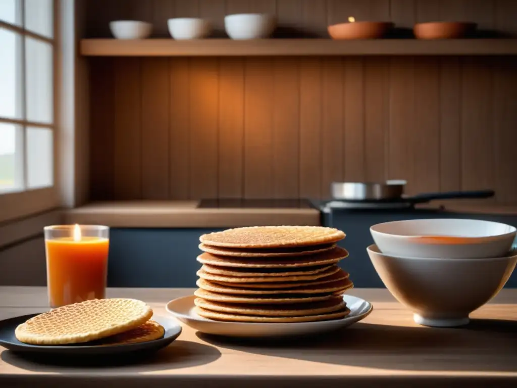 Los Sabores Auténticos de la Cocina Neerlandesa: una imagen minimalista y abstracta de una cocina tradicional holandesa, bañada en cálida luz dorada