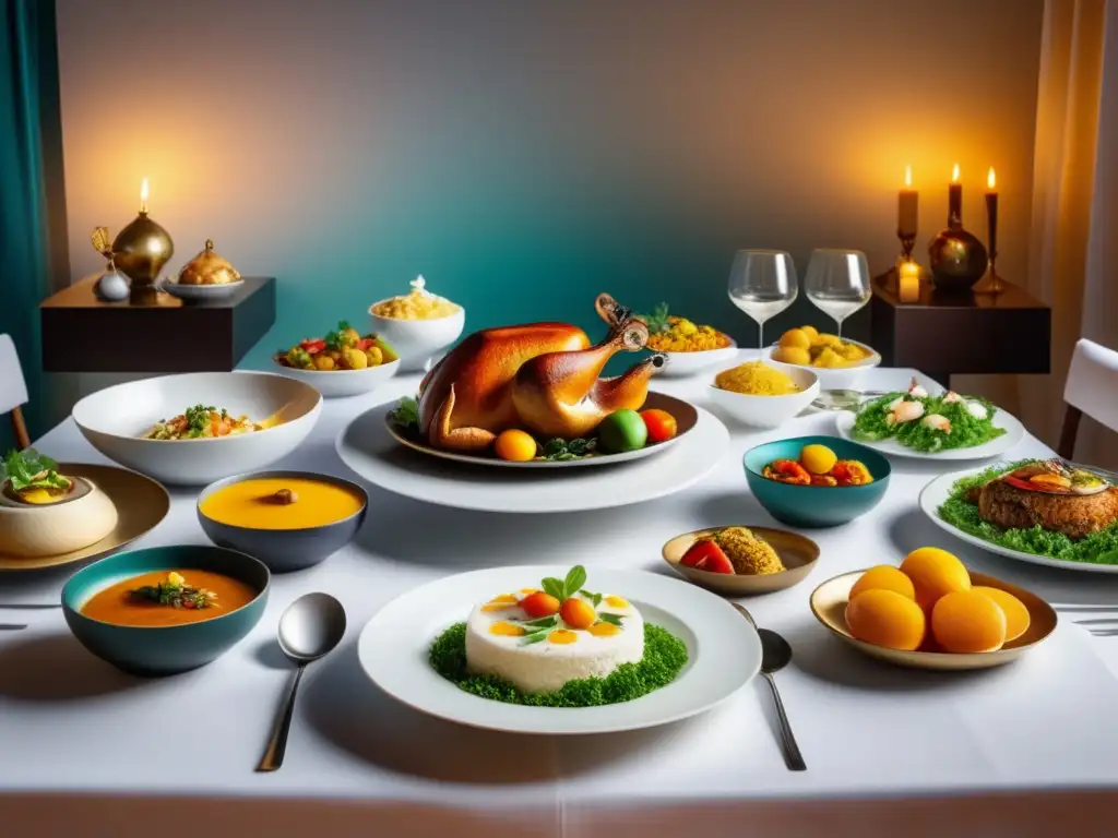 Mesa de comedor elegante con platos exquisitos que representan la relación entre gastronomía y realismo mágico