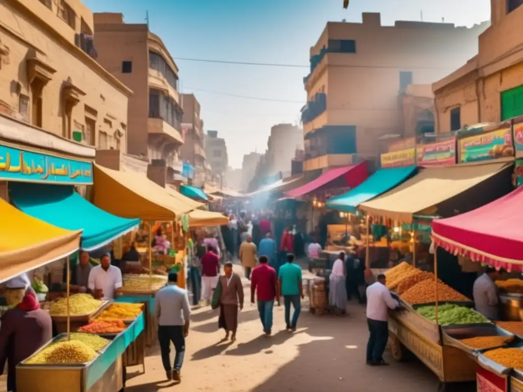 Los sabores ocultos de la comida callejera en Egipto - Escena vibrante con puestos de comida, locales disfrutando de delicias y colores llamativos