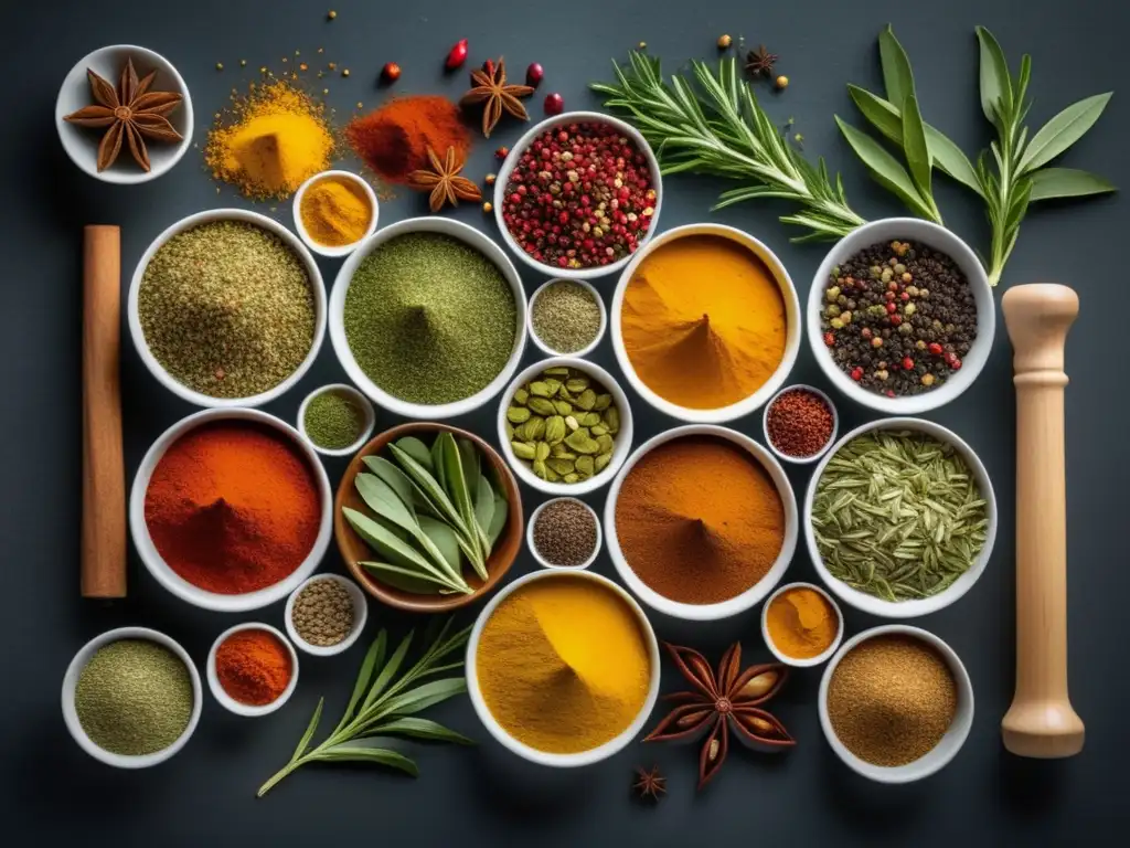 Especias y hierbas coloridas para cocina vegetariana