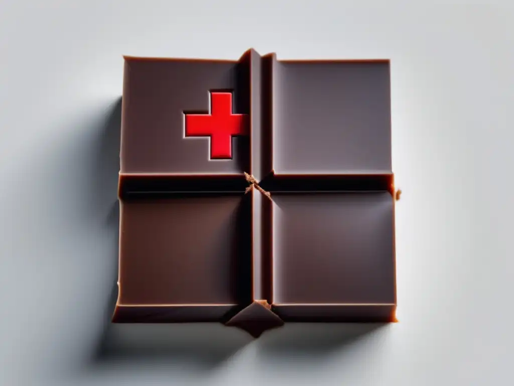 Alergia al chocolate: imagen abstracta minimalista de un trozo de chocolate con una cruz roja, simbolizando evitar el chocolate debido a alergia