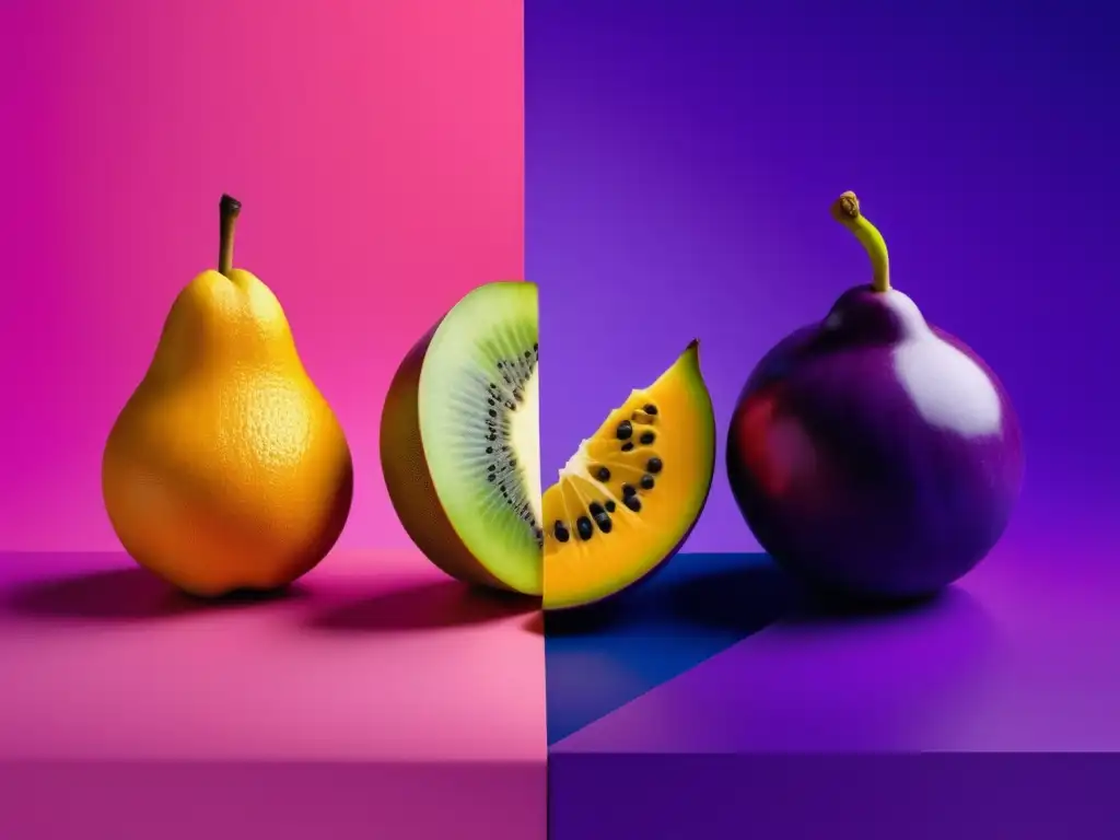 Exóticas frutas de todo el mundo en una imagen surrealista, detallada y temática, con paisajes, frutas y elementos místicos