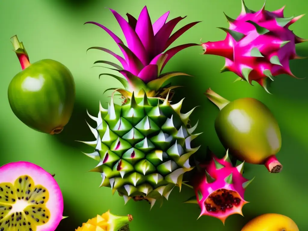 Frutas exóticas en composición artística con colores vibrantes