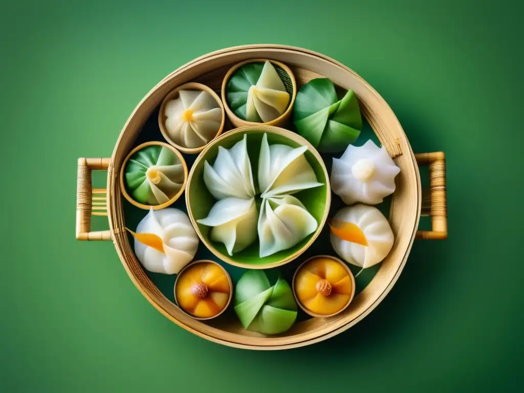 Arte del Dim Sum: Cesta de Bambú llena de Coloridas Delicias, Símbolo de la Cultura China