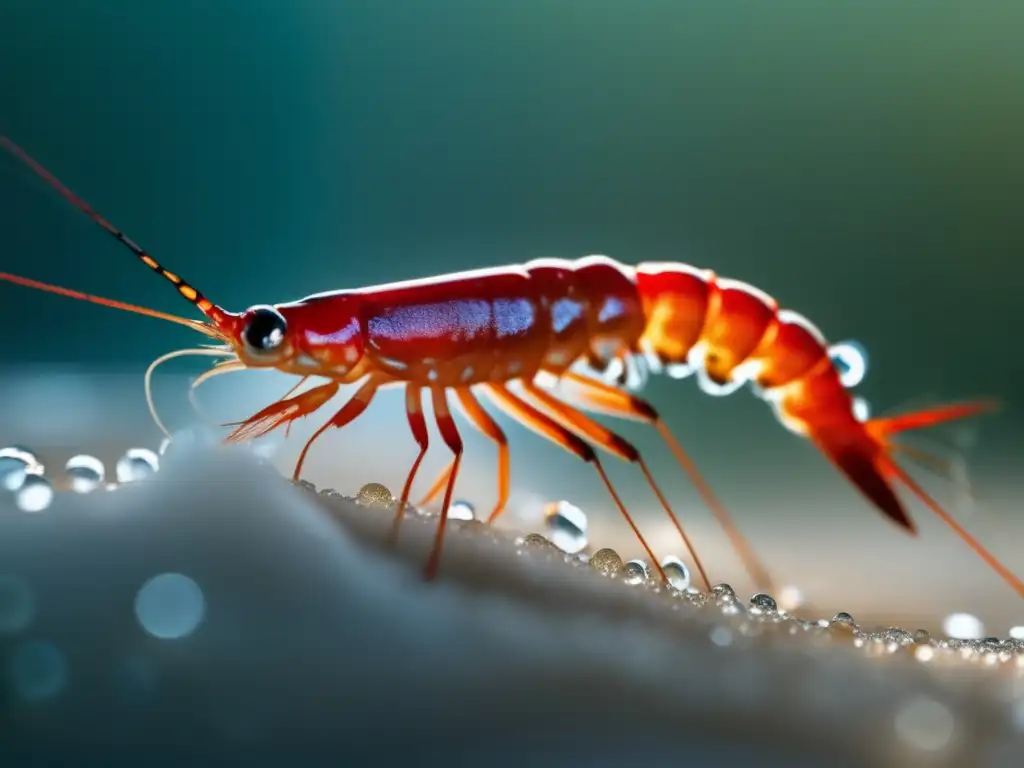 Gamba roja en sal: Imagen minimalista de una exquisita gamba roja resplandeciente sobre sal marina, resaltando su forma y detalles