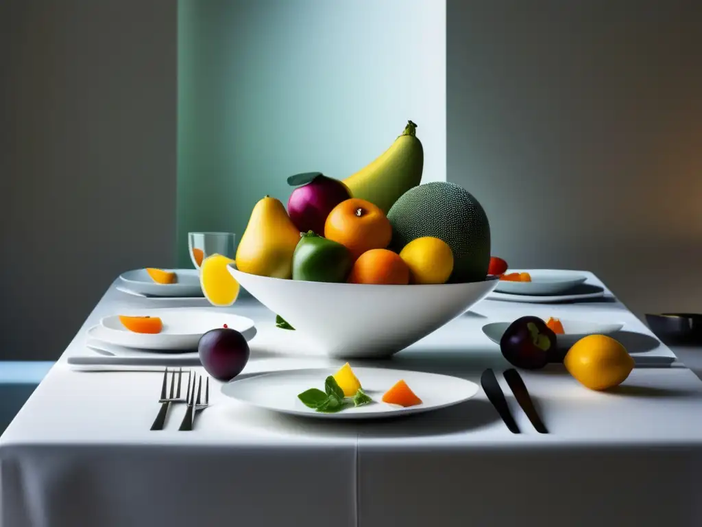 Mesa de comedor con vajilla moderna y escultura de frutas y verduras, evocando descripciones gastronómicas en literatura