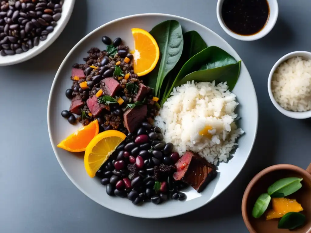 Feijoada Brasileña: Un plato con historia y sabor - glistening black beans, succulent carne de cerdo, traditional accompaniments, contrasting colors