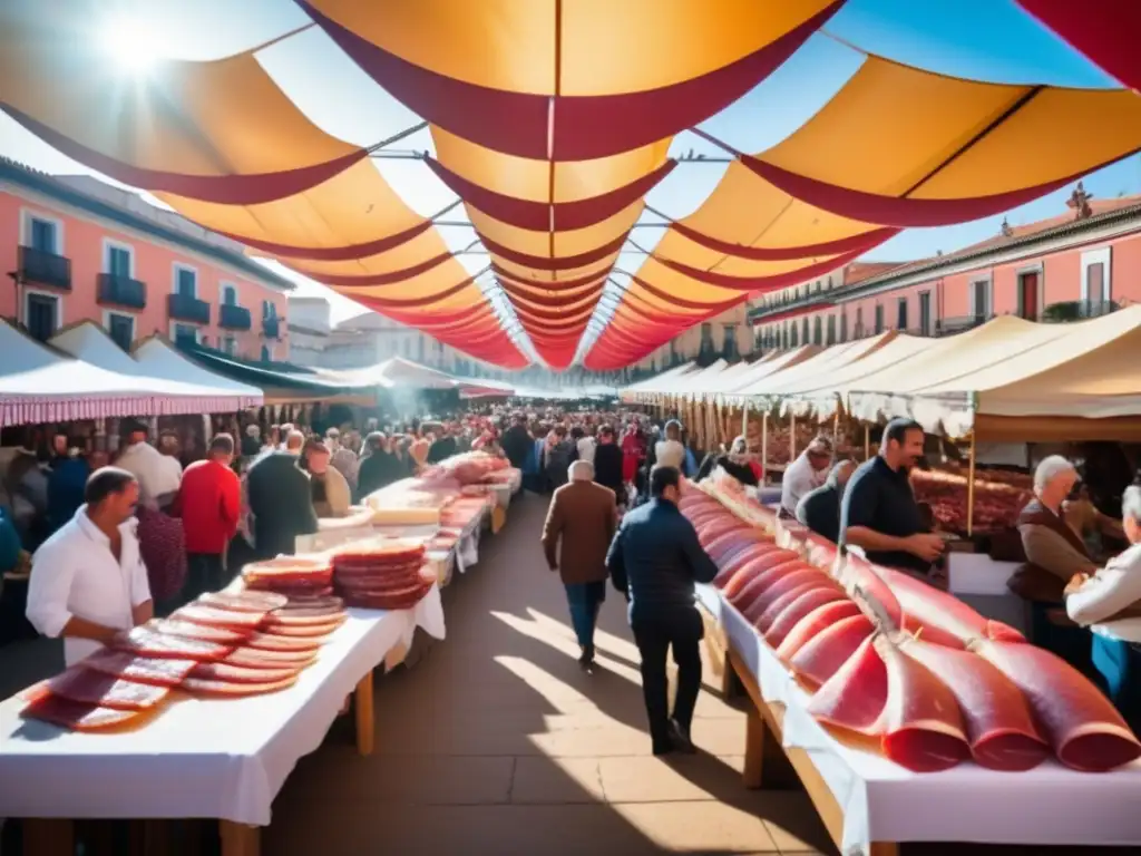 Escena vibrante y bulliciosa en la Feria del Jamón en España: mercado al aire libre lleno de puestos coloridos y jamones exquisitos