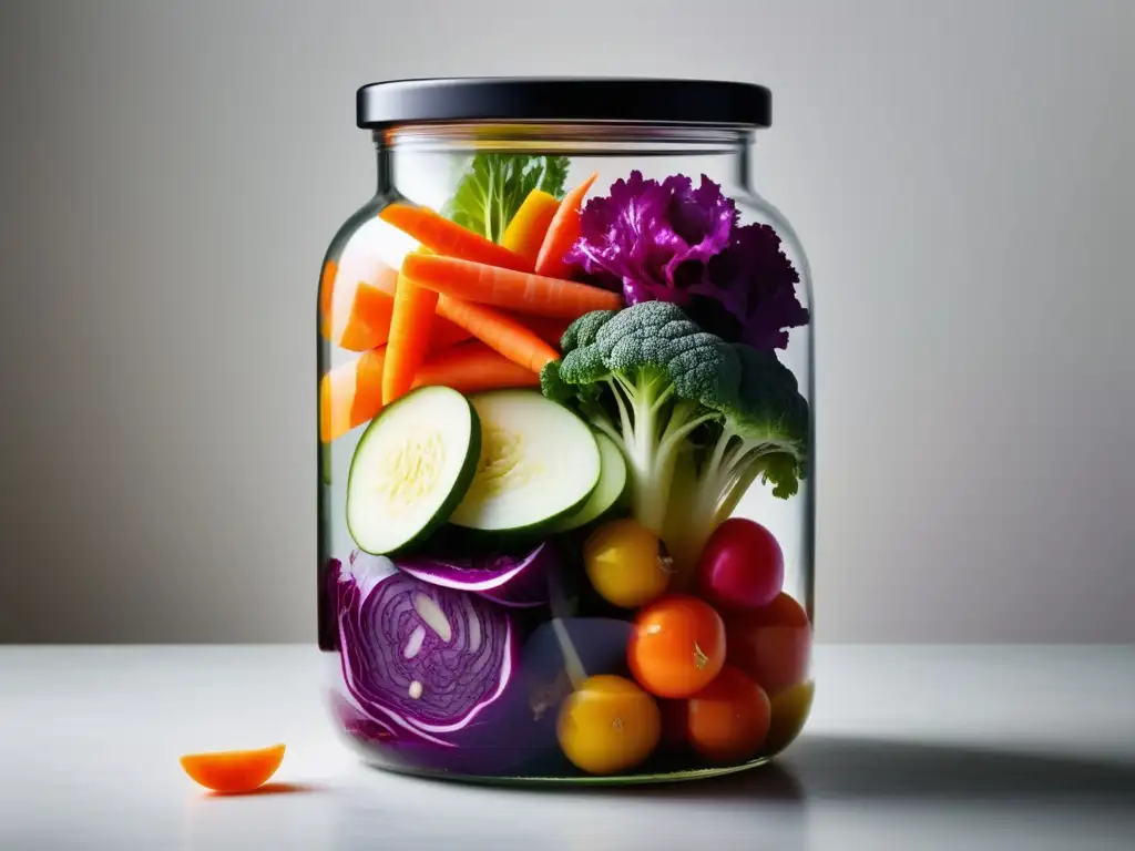 Tarro de vidrio con vegetales fermentados en capas, como repollo, zanahorias y rábanos