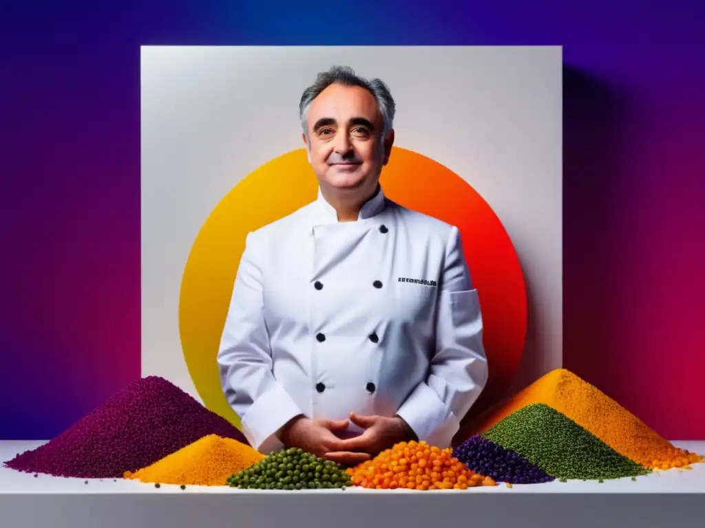 Ferran Adrià: Genio de El Bulli, ingredientes vibrantes en fondo colorido