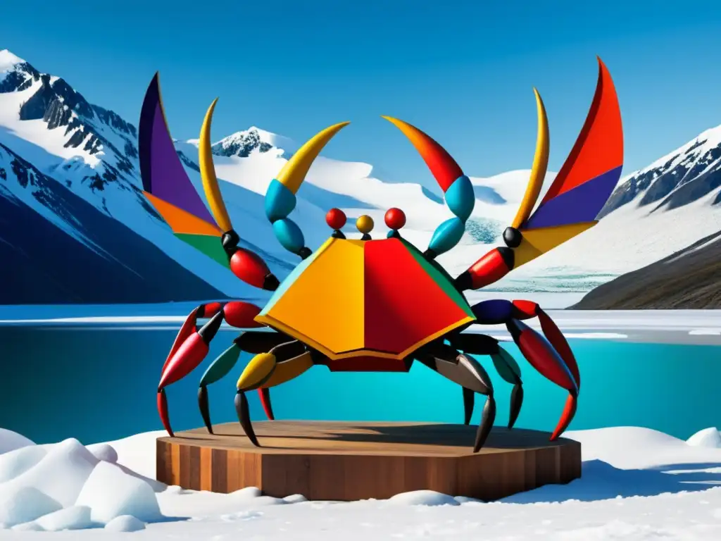 Escultura vibrante y abstracta del Festival del Cangrejo en Alaska con montañas nevadas y cielo azul