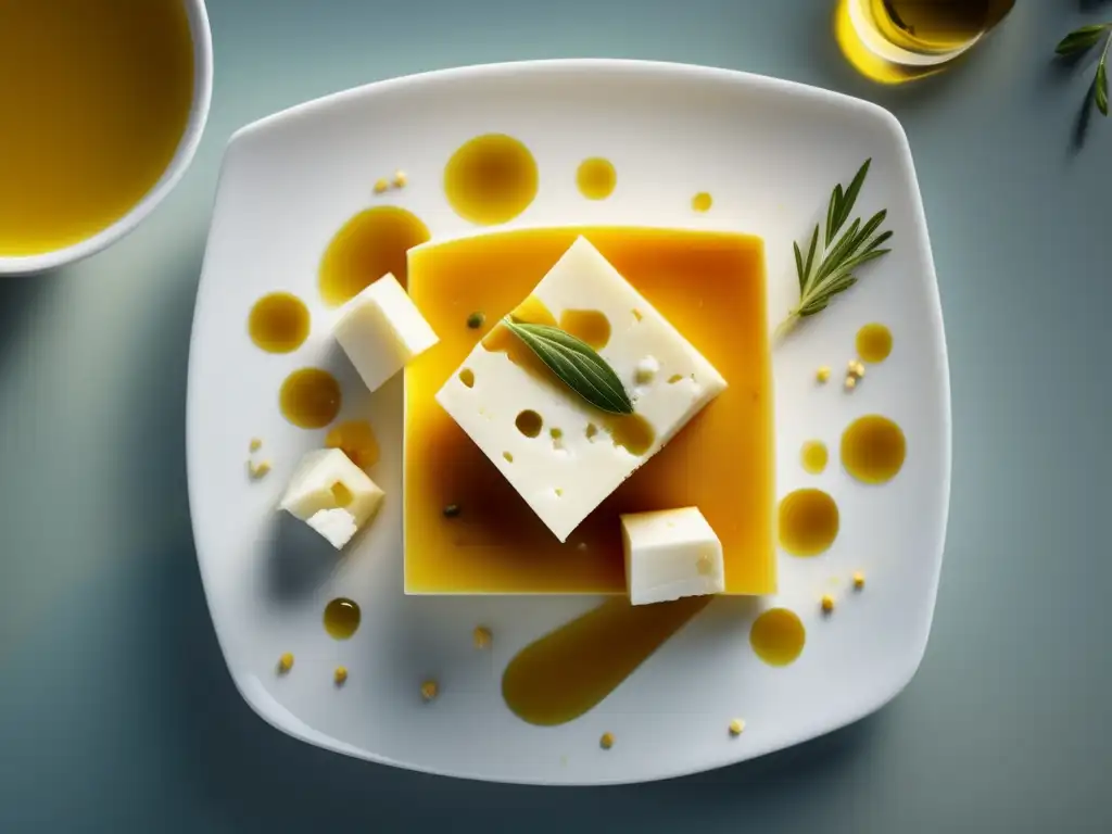 Los secretos del queso feta: La joya de la Cocina Mediterránea - Una imagen detallada de queso feta en un plato blanco, con textura crujiente y adornado con aceite de oliva dorado