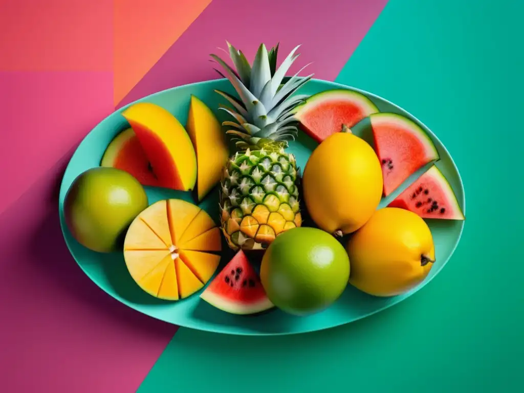 Platter de frutas tropicales vibrantes, estilo minimalista - cocina costarricense