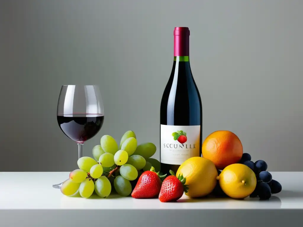 Frutas y vinos: Guía para acertar en cada maridaje - Cluster de frutas vibrantes y botella de vino en mesa blanca