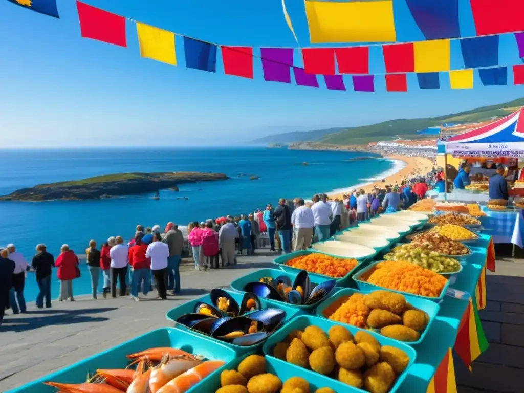 Fiesta del Marisco en Galicia: Escena costera vibrante y bulliciosa con delicias mariscas, gente feliz y el mar como telón de fondo