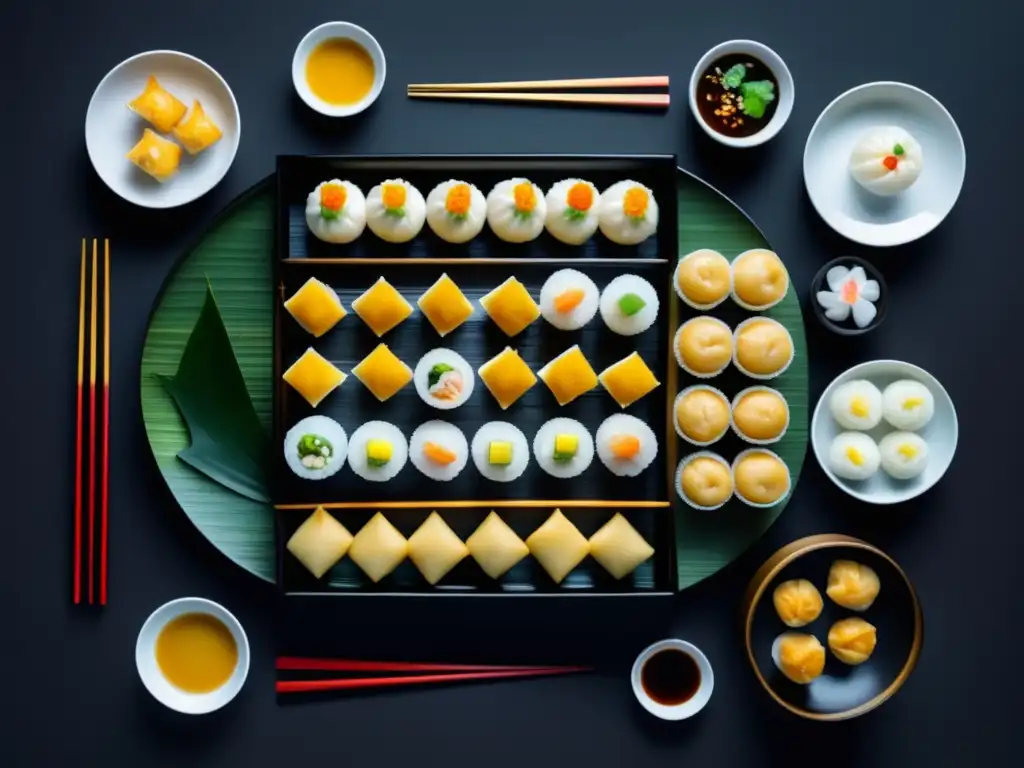 Mesa negra con mantel blanco y variedad de dim sum coloridos en Festival del Dim Sum en Hong Kong