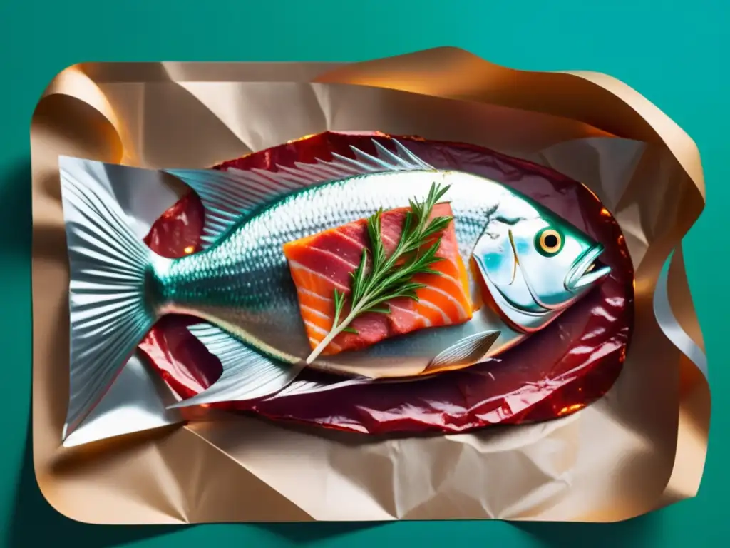 Cocción al papillote: imagen abstracta de pescado y carne envueltos en papel aluminio, colores vibrantes y líneas limpias