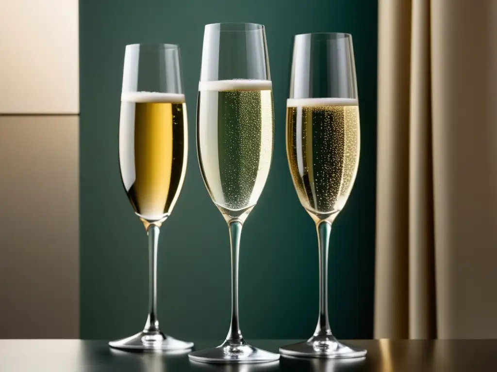 Copa de vino espumoso elegante con variedades de Champagne, Cava y Prosecco