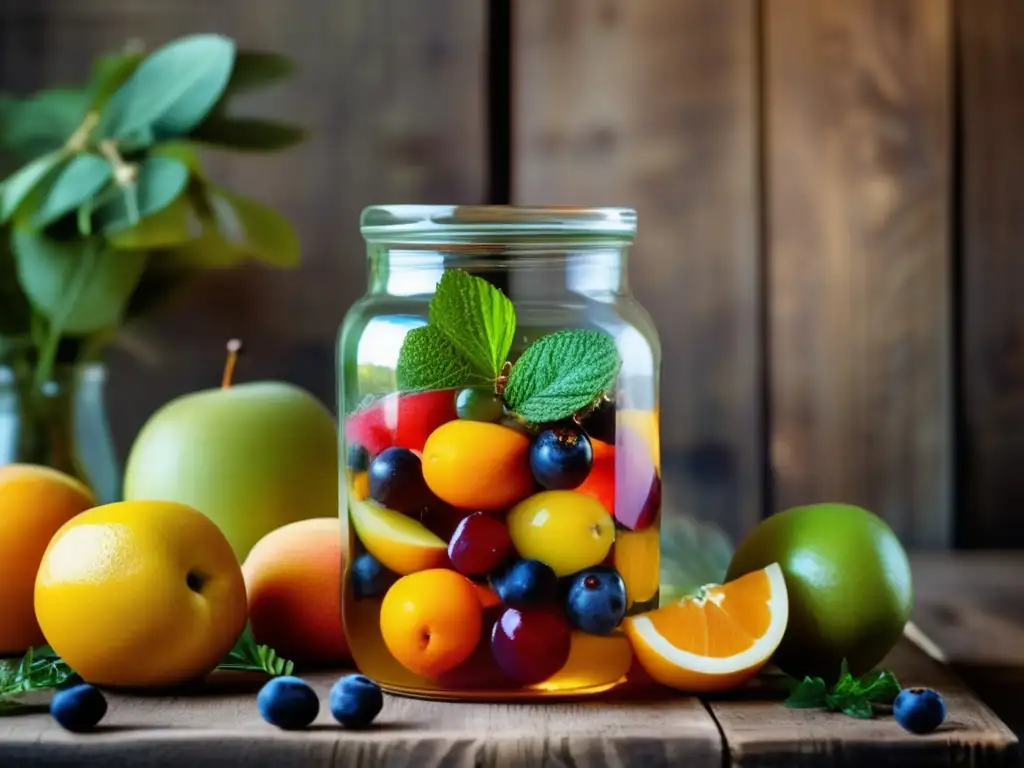 Conservación de alimentos en vinagre de frutas: Frutas vibrantes y coloridas en vinagre, detalle perfecto