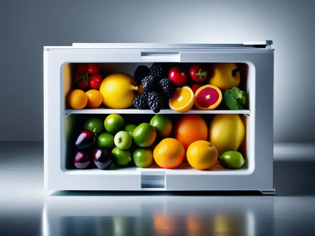 Congelación de alimentos: Imagen minimalista de un compartimento de freezer blanco lleno de frutas y verduras congeladas, organizadas y vibrantes