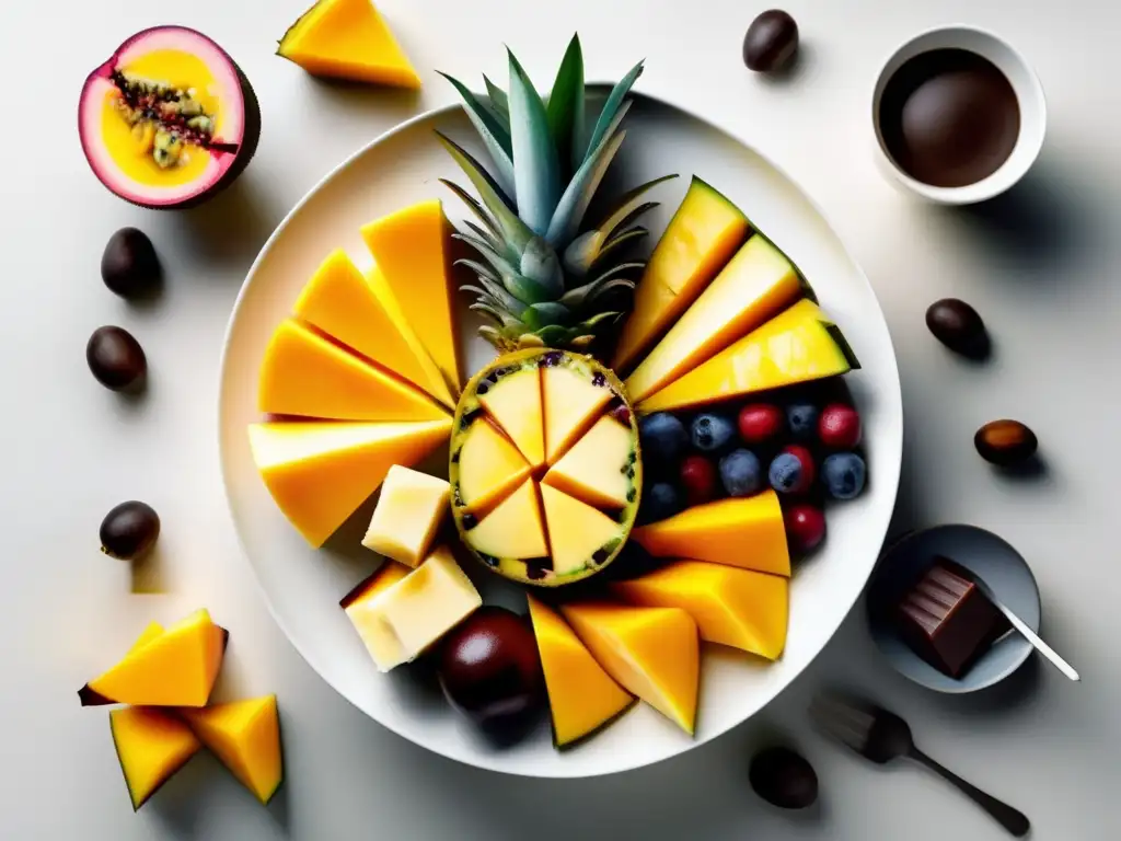 Frutas y maridajes: Combinaciones inesperadas que sorprenden al paladar - Una imagen abstracta y minimalista de un vibrante tazón de frutas con mango, queso fresco, piña, cerdo asado, maracuyá y chocolate oscuro