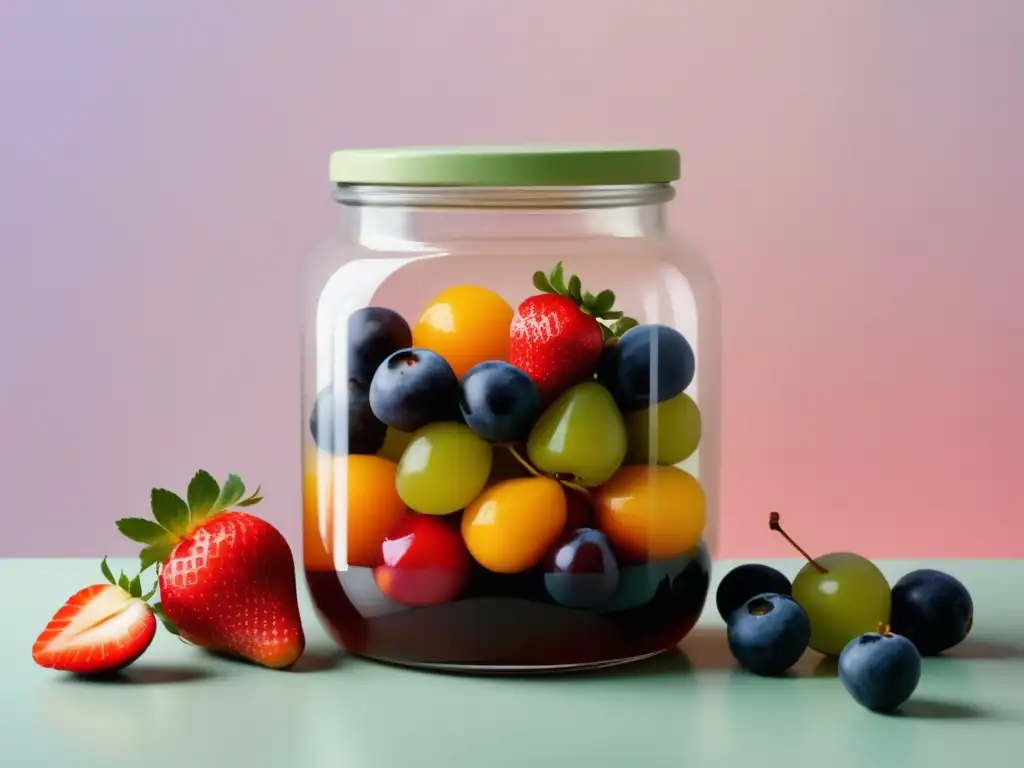 Conservación de alimentos en vinagre de frutas: frutas coloridas flotando en un frasco transparente, estilo minimalista