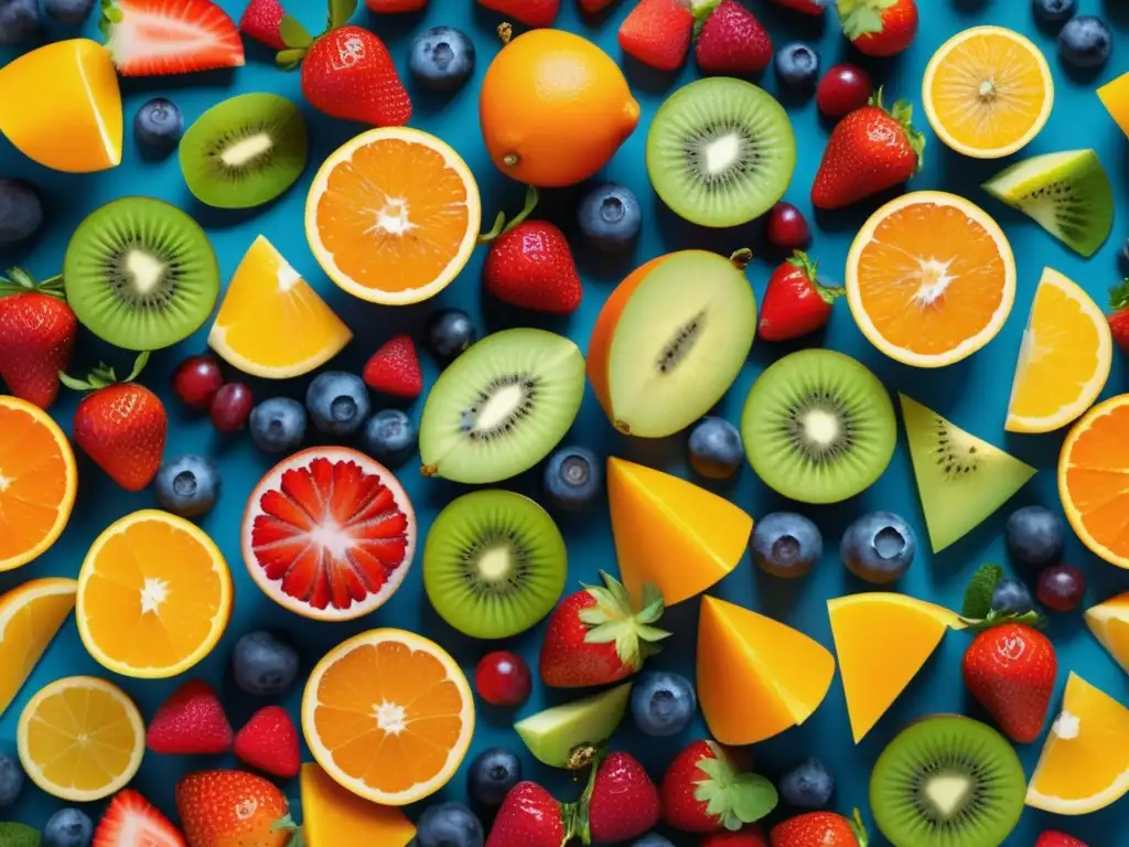 Frutas en cocina molecular: Imagen 8k de frutas vibrantes y coloridas en estilo abstracto y minimalista