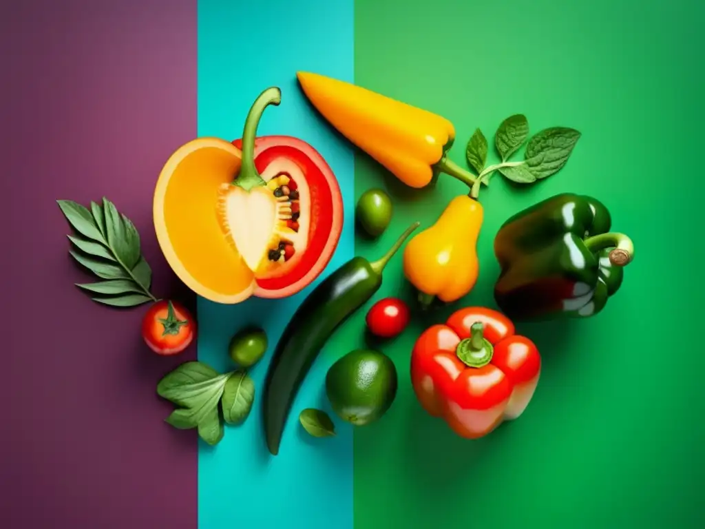 Ingredientes esenciales para una dieta vegetariana equilibrada en una composición geométrica de frutas y verduras coloridas y vibrantes