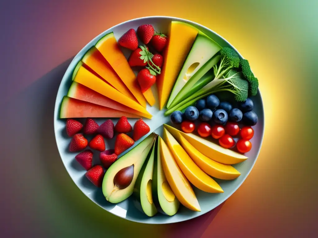 La increíble Dieta Mediterránea: plato de frutas y vegetales vibrantes y coloridos en patrón circular, cortados en finas rebanadas simétricas