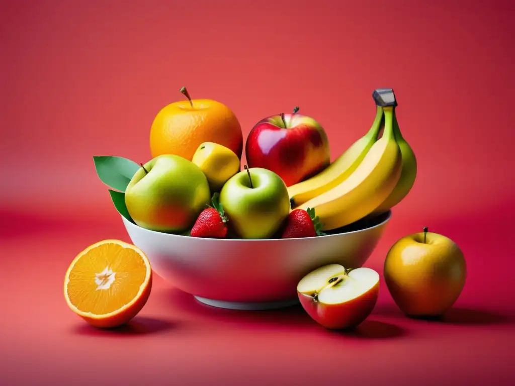 Frutas para niños: una colorida y saludable composición de frutas como manzanas, naranjas, fresas, bananas y uvas