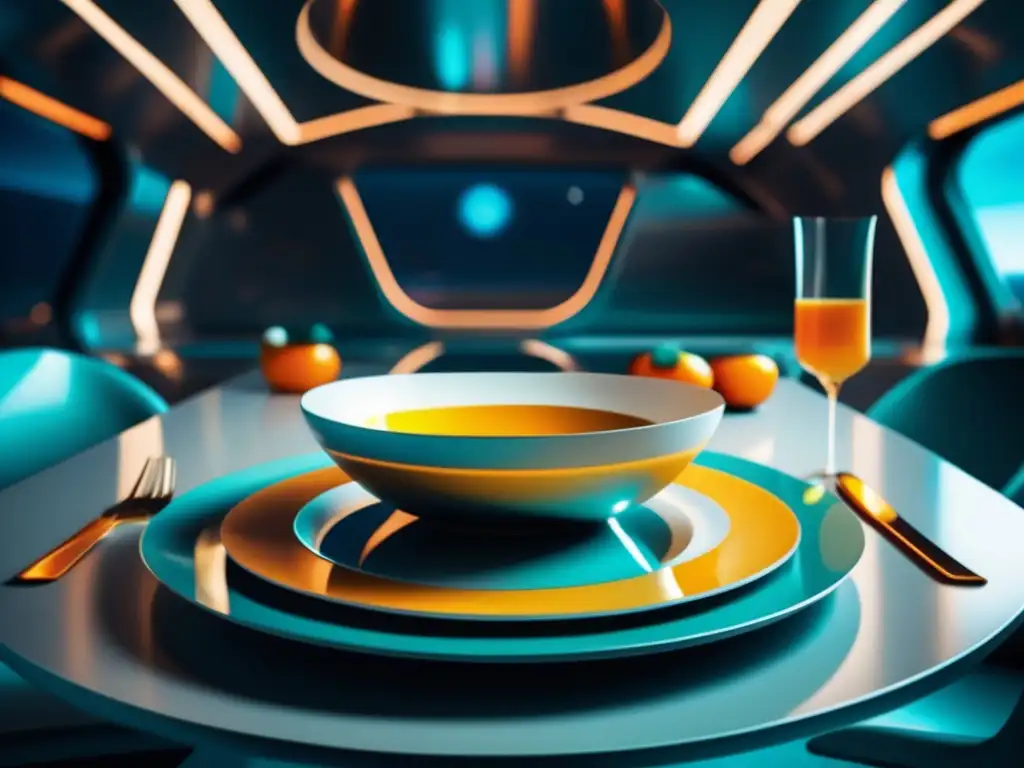 Mesa de comedor futurista en una nave espacial con platos exóticos y creativos - Gastronomía en la literatura de ciencia ficción