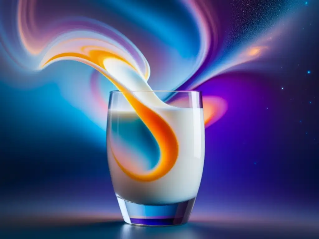 Descubre el sorprendente mundo de los lácteos y sus derivados: imagen abstracta de un vaso de leche con colores que parecen una galaxia o nebulosa