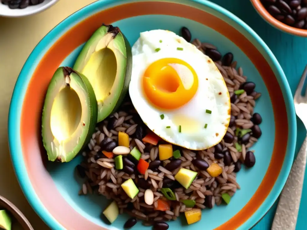 Delicioso plato tradicional de Costa Rica, Gallo Pinto, con arroz, frijoles, plátanos, huevo, aguacate y salsa Lizano