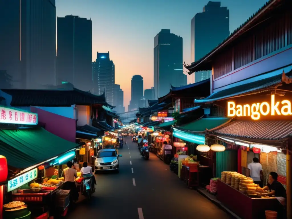 Escena nocturna en Chinatown de Bangkok con vibrantes puestos de comida callejera