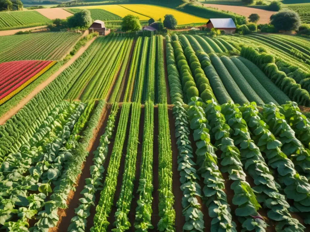 Granja orgánica vibrante con vegetales y frutas coloridas