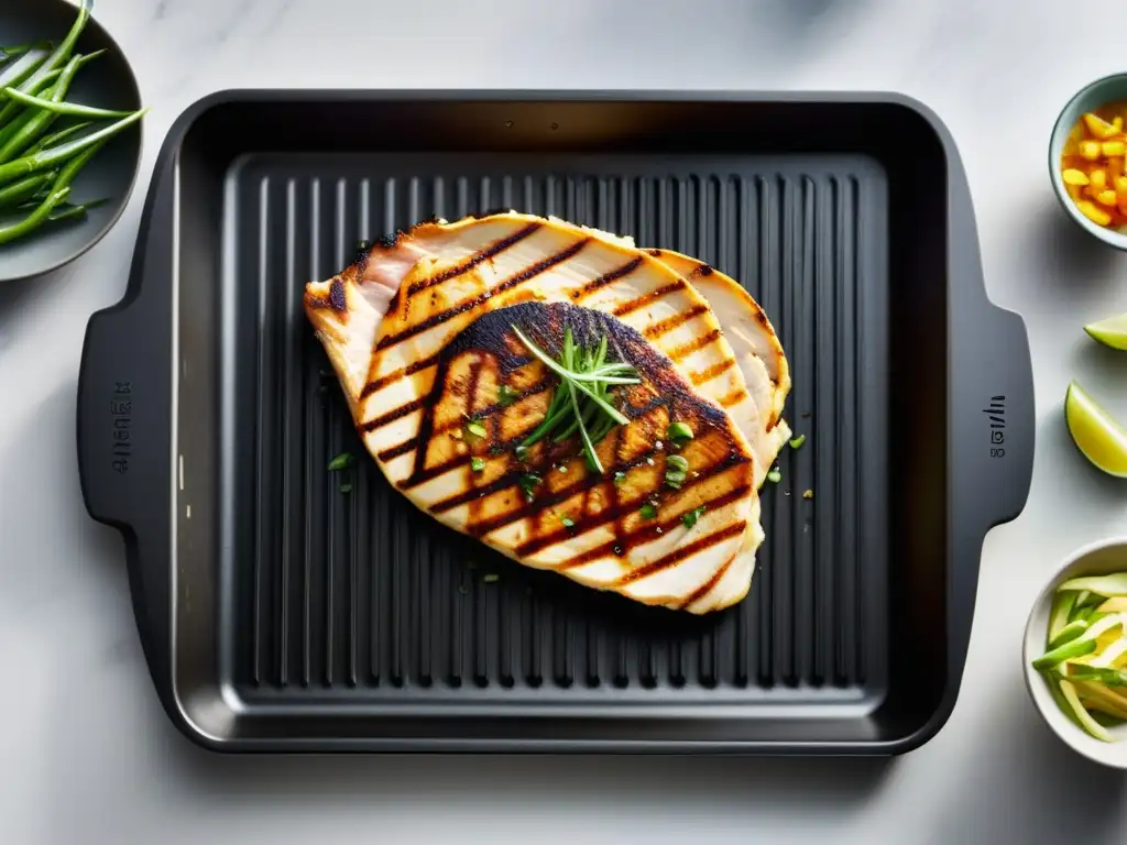 Plancha eléctrica para cocina al grill en casa - Imagen minimalista de una plancha eléctrica con superficie antiadherente en una encimera blanca