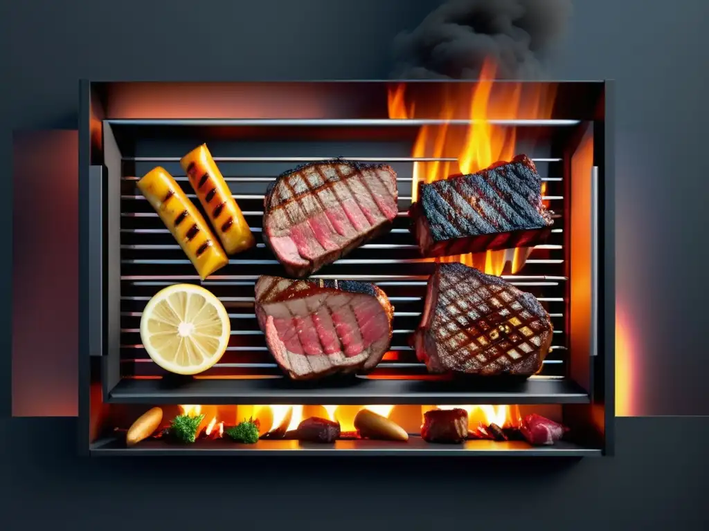 La Cocción a la Parrilla: ¿Sabores Intensos? - Grill con carnes sizzling y humo en fondo blanco