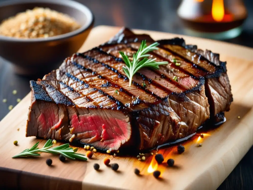 Ahumado en la cocina: steak asado perfectamente con capa ahumada, acompañado de especias y hierbas aromáticas en tabla de madera