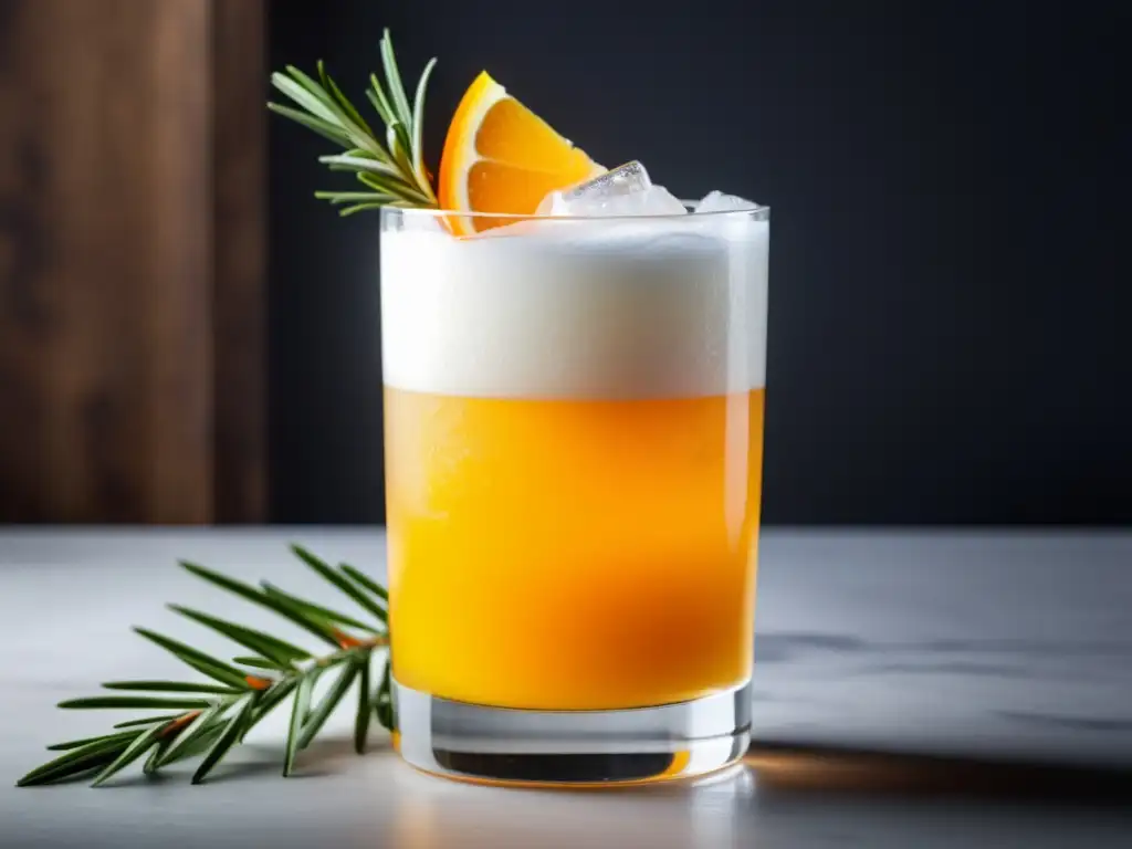 El Cóctel Harvey Wallbanger: Un Clásico de los 70 - Elegante imagen de un Harvey Wallbanger en un vaso de cristal, con naranja y romero