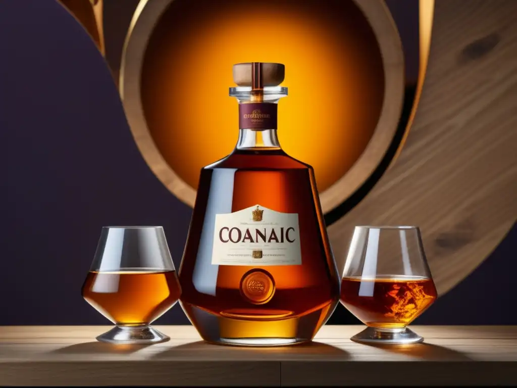 Trayecto histórico del cognac: imagen abstracta de la evolución de la industria, desde uvas y barriles hasta elegantes botellas y copas