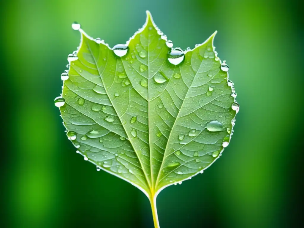 Hoja verde con gotas de agua, representa frescura y esencia natural de la cocción en crudo