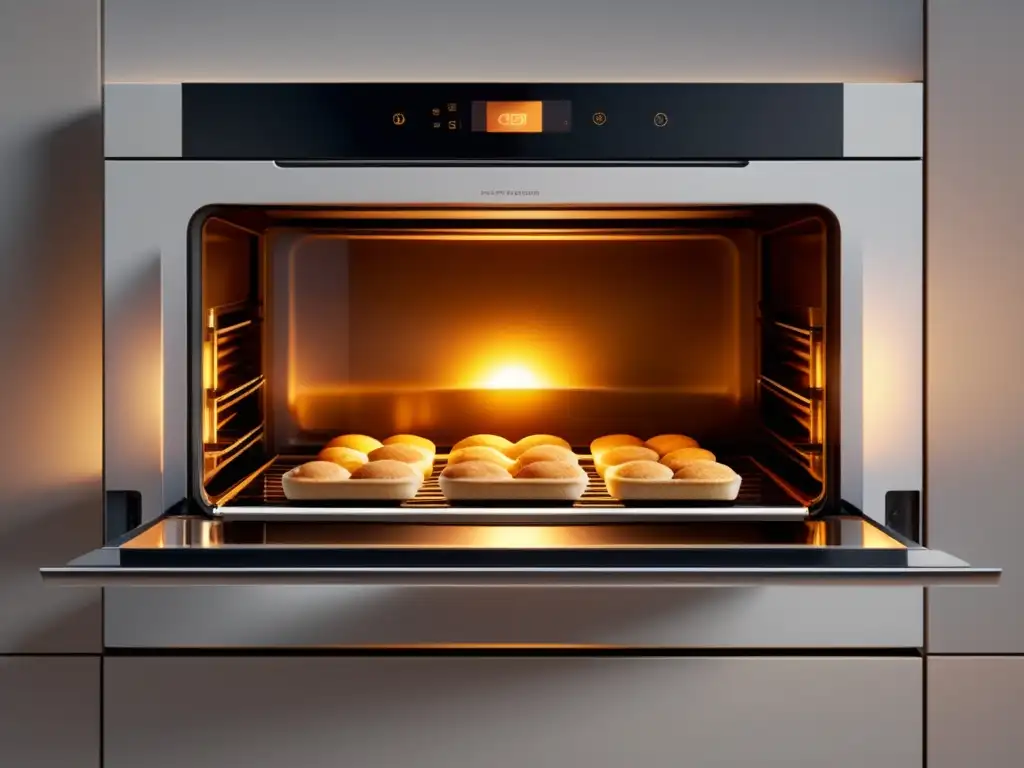 Horno eléctrico de diseño minimalista en blanco, horneando cookies doradas en un ambiente sofisticado