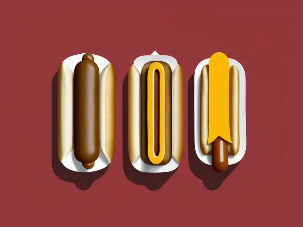 El Fenómeno de los Hot Dogs: Un Icono de la Cocina Norteamericana - Tres hot dogs icónicos representados en una imagen minimalista y abstracta